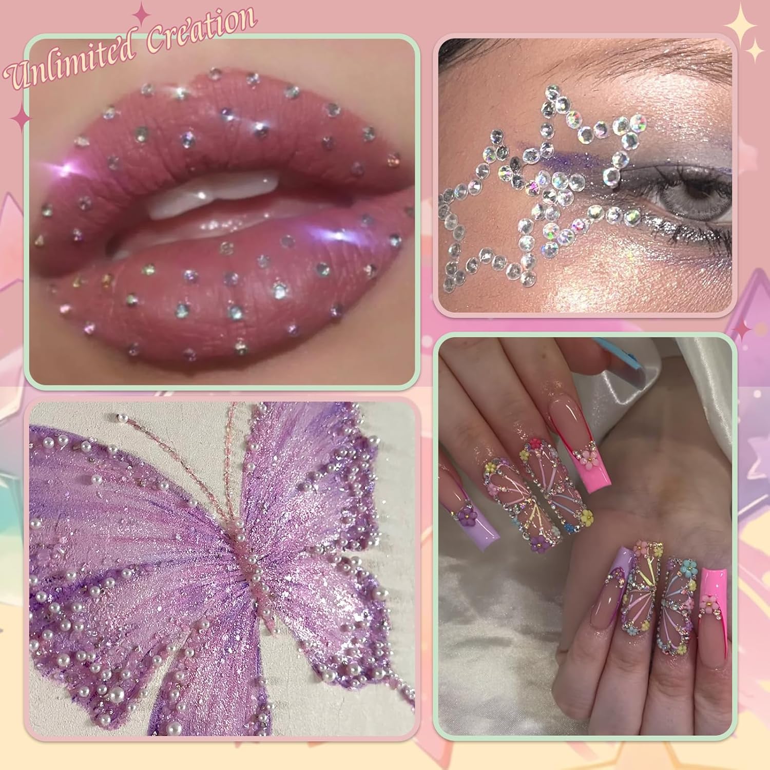 Nail Rhinestones , AB Crystal Nail Gems Flat Back Nail Rhinestones with Nail Pearls Star Heart Bows FLower Nail Charms and Rhinestone Picker Tools for Kwaii Y2K Nail Art Decor - 3 Boxes-Velvo Beauty