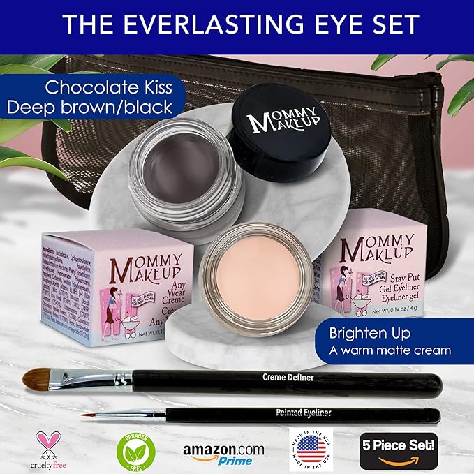 The Everlasting Eye 5 Piece Waterproof Makeup Set. Gel Eyeliner, Creme Eyeshadow, 2 brushes and Mesh Bag. Paraben-free, Talc-free, Cruelty-free. Brighten Up/Chocolate Kiss 2202-Velvo Beauty