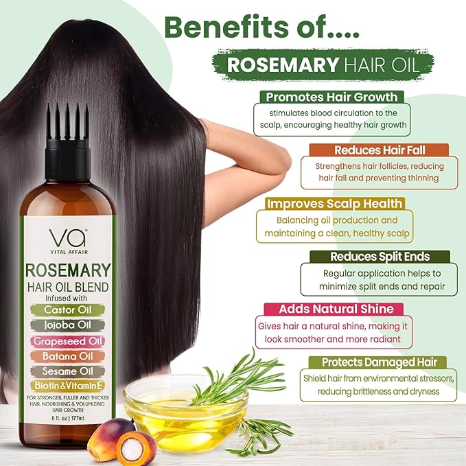 Blend Of Pure Rosemary Oil For Hair Growth With Castor, Batana, Jojoba Oil-Infused With Biotin & Vitamin E-Blend of Effective Hair Oils for Hair Growth-Strengthening Treatment 6 Fl Oz-Velvo Beauty