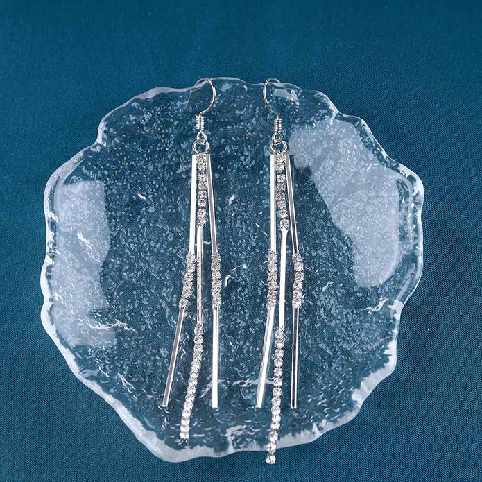 Vintage Crystal Tassel Earrings Rhinestone Bar Drop Earrings Long Rhinestone Chain Earrings Gold Cz Bar Hook Earrings Sparkle Tennis Chain Earrings Jewelry for Women-Velvo Beauty