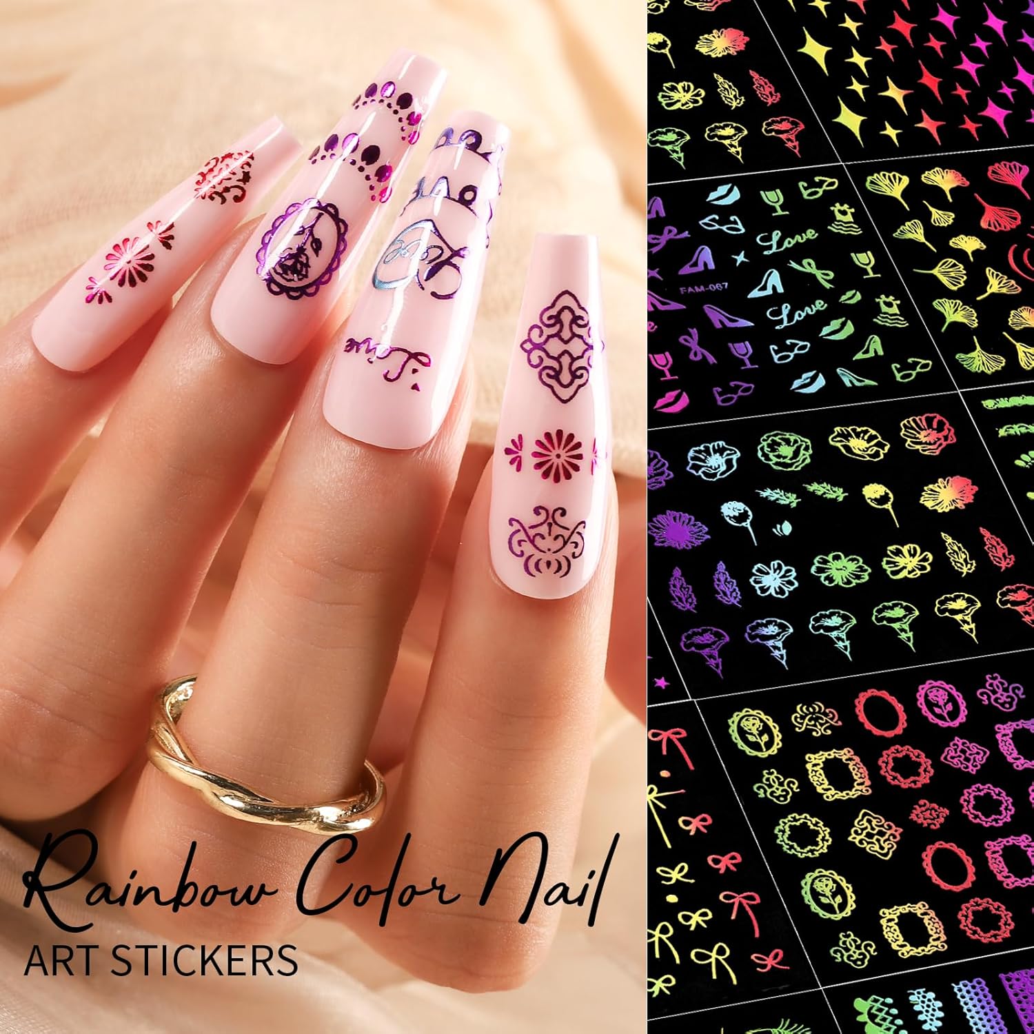 Teenitor 50 Sheets Nail Art Stickers, Rainbow Nail Stickers for Nail Art Nail Decals for Kids, Women, Fingernail in Halloween Christmas, Nail Supplies-Velvo Beauty