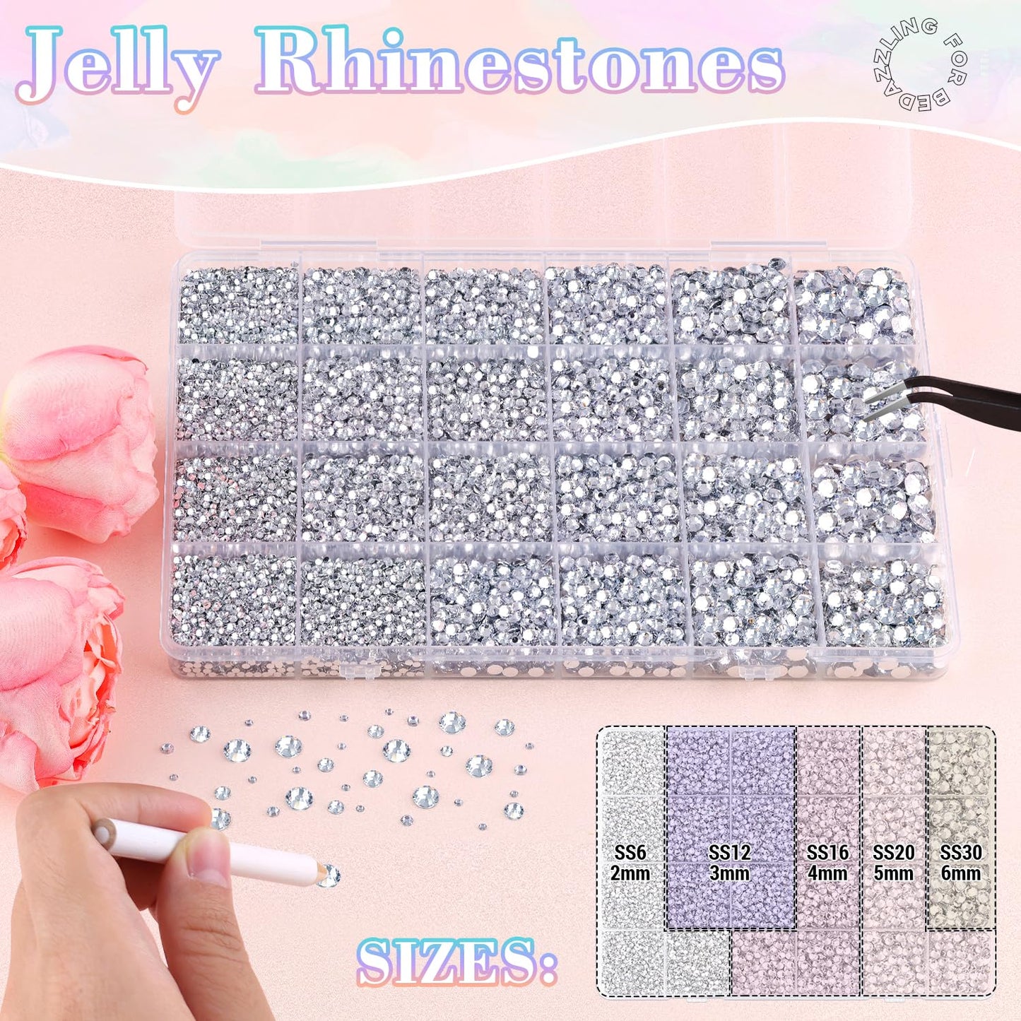 25000Pcs Resin Jelly Rhinestones with Tweezers for Crafting, 2-6mm Mixed Sizes (Clear) Non Hotfix Flatback Gems, Bedazzling Crystal for DIY Crafts Clothing Tumblers Mugs Shoes Decor Nail Art-Velvo Beauty