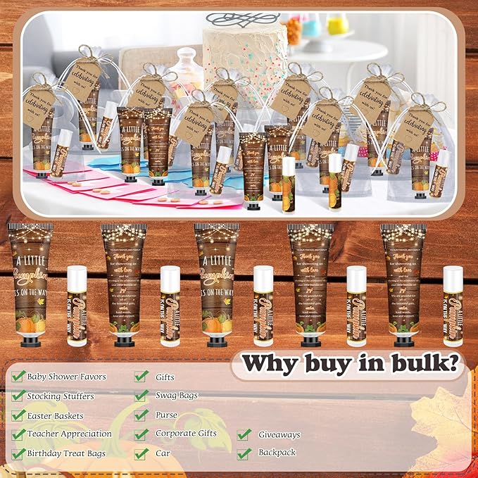 50 Sets 200 Pcs Baby Shower Hand Lotion and Lip Balm Gift Theme Baby Shower Party Favors Travel Size Hand Lotion and Lip Balm Bulk with Organza Bags Tags(Rustic Pumpkin)-Velvo Beauty