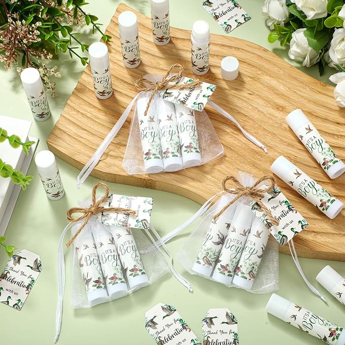 Demissle 50 Pcs Baby Shower Lip Balm Gift Set with 100 Pcs Organza Bags Baby Shower Party Favor for Guest Thank You Tag Rope Baby Shower Party Decoration Gender Reveal Souvenirs (Mallard)-Velvo Beauty