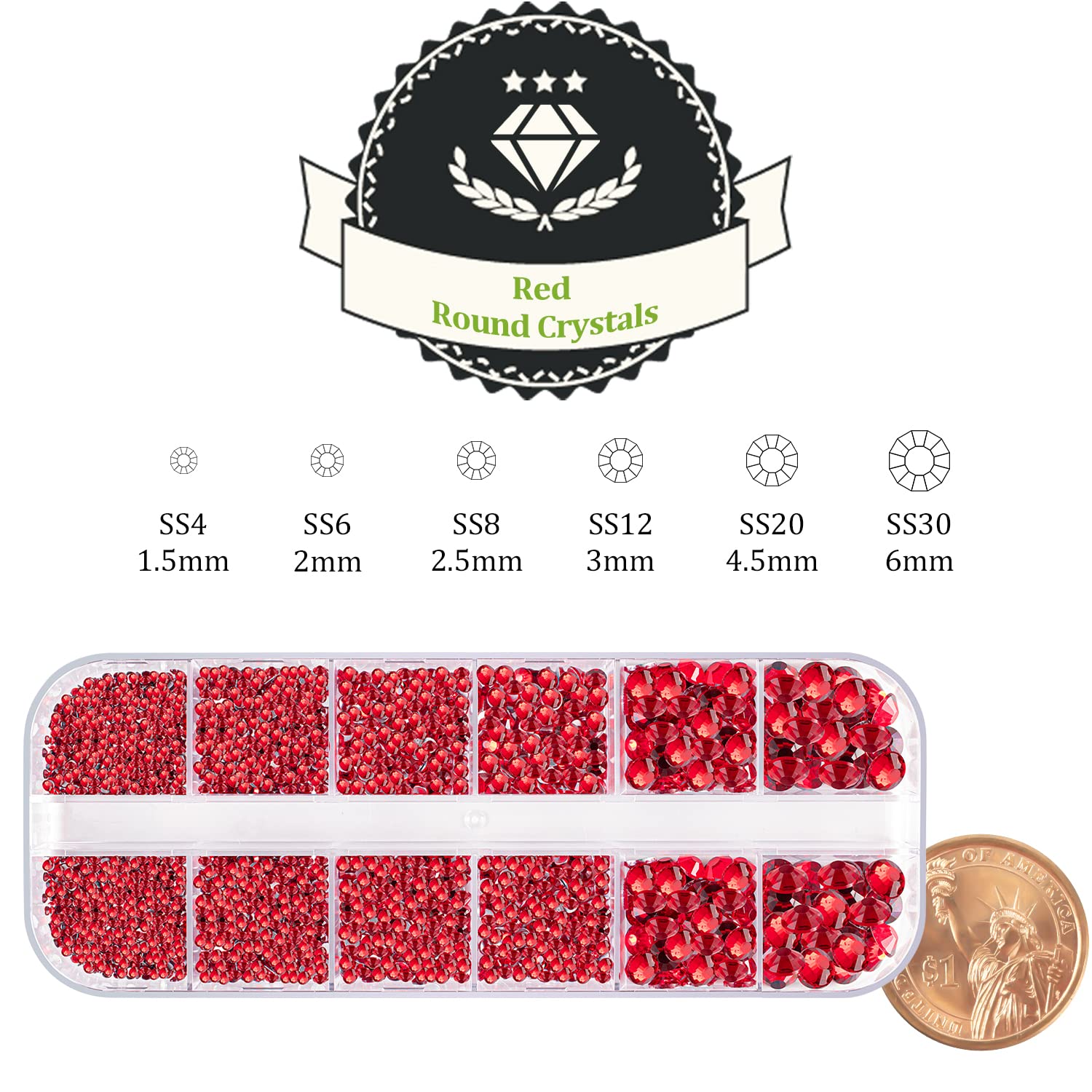 One Pack 2000 Pcs of Flatback Round Red Rhinestones 6 Sizes (1.5-6 mm) with Nail Art Rhinestone Picker Pencil and Tweezers for DIY and Salon Use-Velvo Beauty