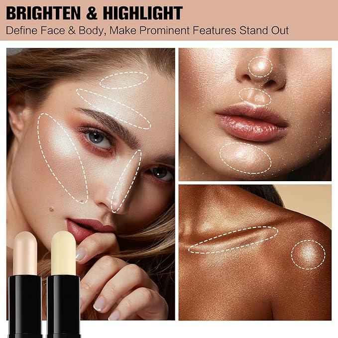 Contour Stick, 2Pcs Dual-Ended Highlighter Makeup Pen & Contouring Stick for Face Shaping, Long Lasting Waterproof Cream Bronzer & Highlight Sticks Make Up Kit for All Skin Tones (01# + 04#)-Velvo Beauty