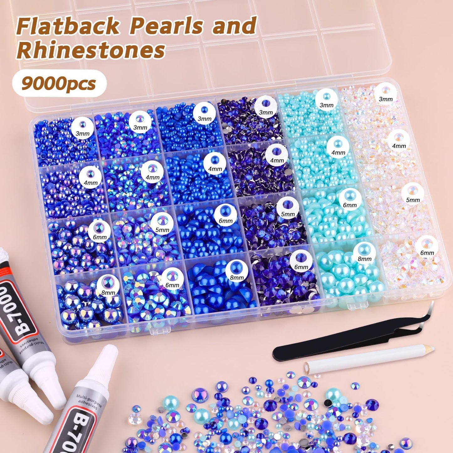 9000PCS Flatback Pearls and Rhinestones for Crafting, Dark Blue 3-10mm Resin Rhinestones and Half Pearls for Bedazzling, Nail Art and Dec with 3pcs B7000 Jewelry Glue, Tweezer and Pickup Pencil-Velvo Beauty