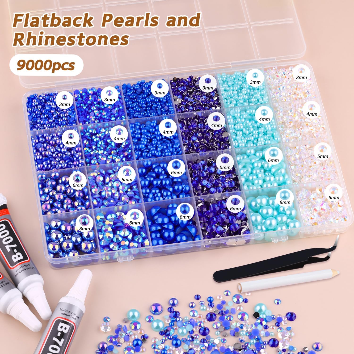 9000PCS Flatback Pearls and Rhinestones for Crafting, Dark Blue 3-10mm Resin Rhinestones and Half Pearls for Bedazzling, Nail Art and Dec with 3pcs B7000 Jewelry Glue, Tweezer and Pickup Pencil-Velvo Beauty