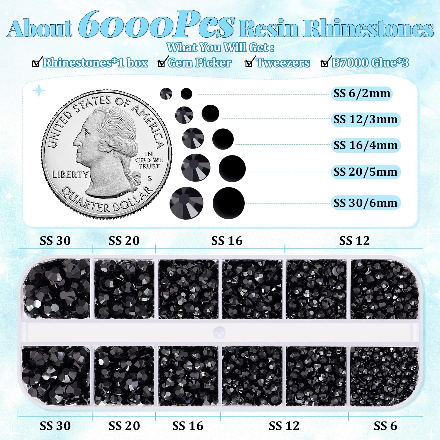6000Pcs Resin Rhinestones for Bedazzling with 3Pcs B7000 Jewelry Glue, 1 Box Black Flatback Rhinestones for Crafting Crafts DIY, Crystals Gems for Clothing Shoes Tumblers Nail Art Makeup-Velvo Beauty
