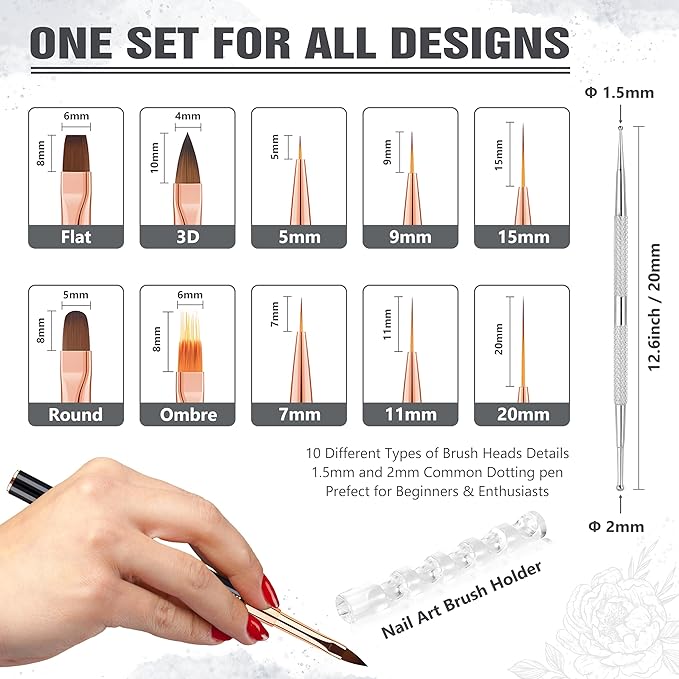 Nail Art Bushes Set, Professional 5Pcs Double-Ended Nail Brush Kit for Details, Long Lines, Ombre & 3D Design-Perfect for DIY Manicures & Salons (Black)-Velvo Beauty