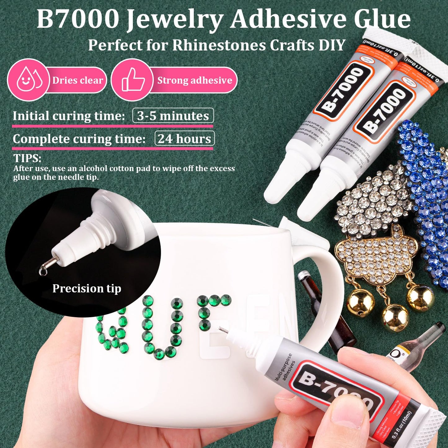 Resin Rhinestones for Crafting with B7000 Jewelry Glue, 1 Box Dark Green Flatback Crystals with 3Pcs 10ml Glue for Bedazzling Crafts DIY Nail Art Makeup，Non Hotfix Gems for Clothing Shoes-Velvo Beauty