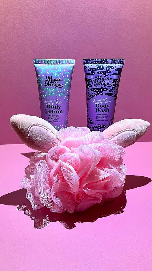 MAD BEAUTY Mystic Magic Rabbit in the Hat Body Trio, 3-in-1 Bath Kit: Exfoliating Loofah, Body Lotion, & Body Wash, Gorgeous Jasmine & Indigo Violet, Relax & Unwind, Great Self-Care Gift Set-Velvo Beauty
