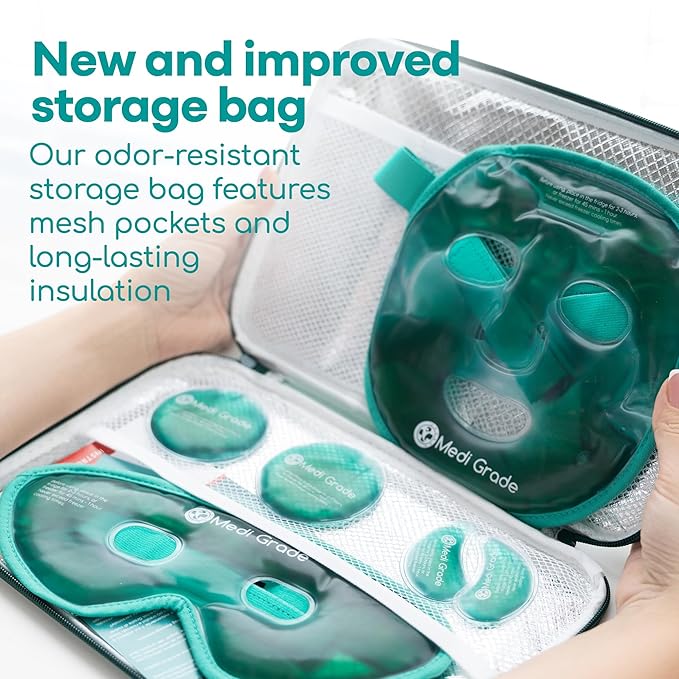 Medi Grade Cooling Ice Face Mask and Cooling Eye Mask for Puffy Eyes & Migraine Relief - Self Care Face Ice Pack with ChillGel Face Ice Mask Technology - Cooling Face Mask, Eye Pads and Bag-Velvo Beauty