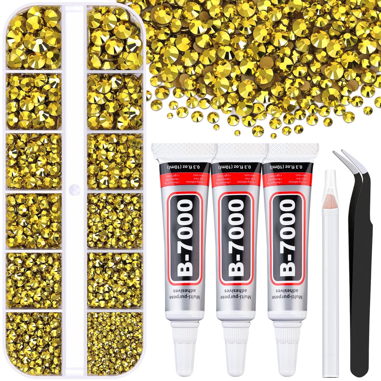 6000Pcs Resin Rhinestones for Bedazzling with 3Pcs B7000 Jewelry Glue, 1 Box Bright Gold Flatback Rhinestones for Crafting Crafts DIY, Crystals Gems for Clothing Shoes Tumblers Nail Art Makeup-Velvo Beauty