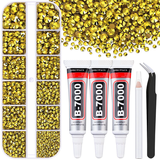 6000Pcs Resin Rhinestones for Bedazzling with 3Pcs B7000 Jewelry Glue, 1 Box Bright Gold Flatback Rhinestones for Crafting Crafts DIY, Crystals Gems for Clothing Shoes Tumblers Nail Art Makeup-Velvo Beauty