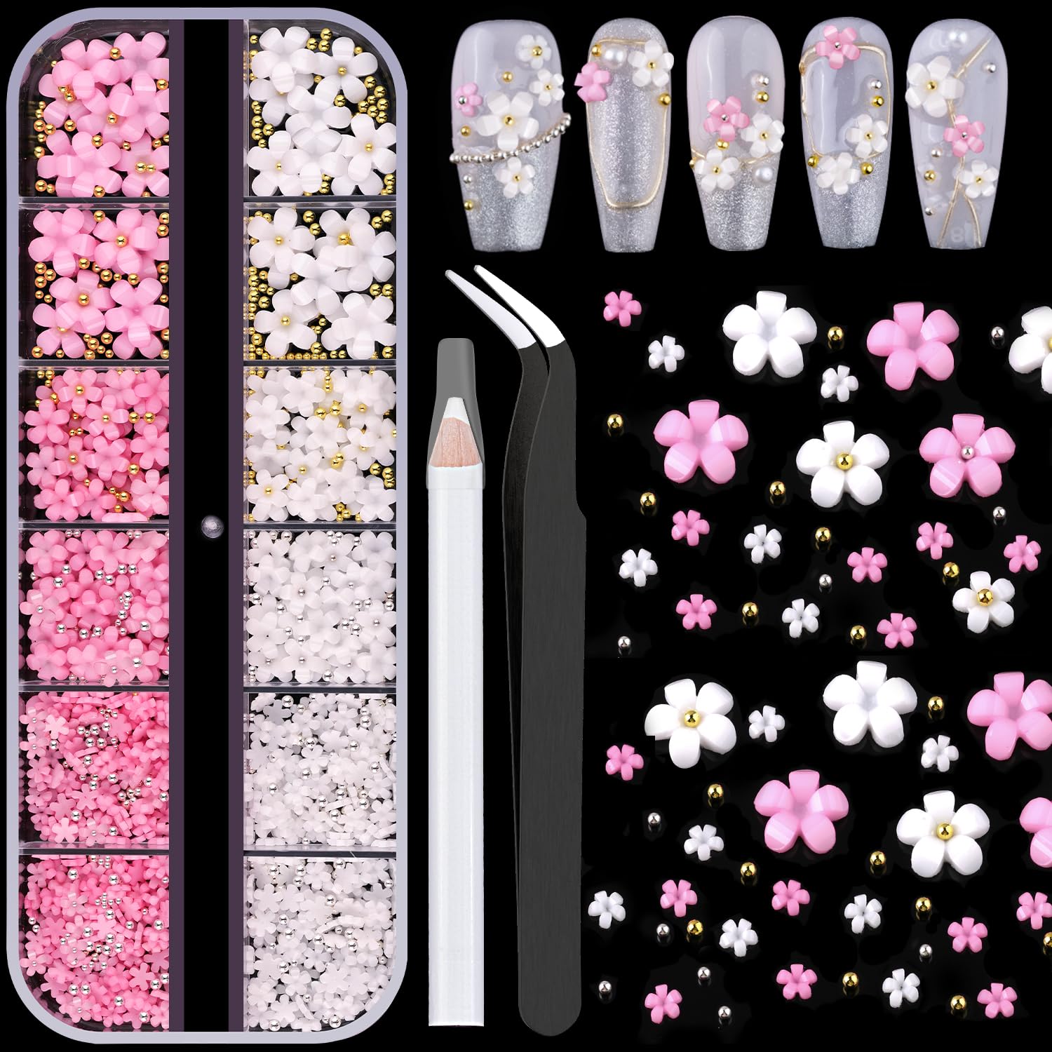 3D Nail Flowers Charms,White Pink Acrylic Flower with Caviar Beads,Rhinestones for Nails 3D Nail Charms for Acrylic Nails for Manicure Salon DIY Nail Art Decor with Pickup & Dotting Tools-Velvo Beauty