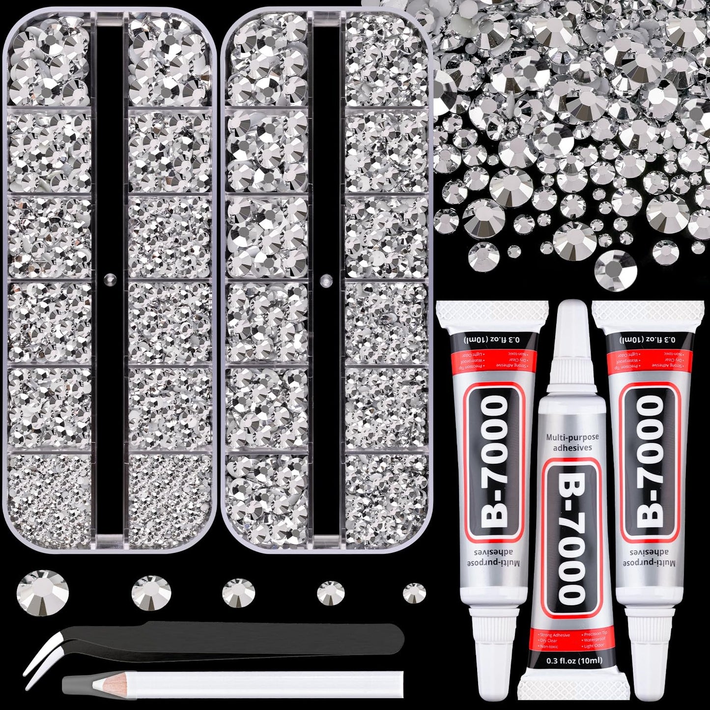 Resin Rhinestones for Crafting with B7000 Jewelry Glue, 2 Boxes Sliver Flatback Crystals with 3Pcs 10ml Glue for Bedazzling Crafts DIY Nail Art Makeup，Non Hotfix Gems for Clothing Shoes-Velvo Beauty