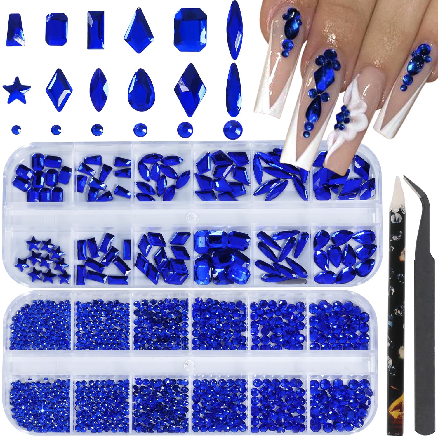 HNUIX Nail Rhinestones - 3D Multi Shape Size, Blue Nail Gems, Flat Back, with Kit, for Nail Art, DIY Decorations-Velvo Beauty