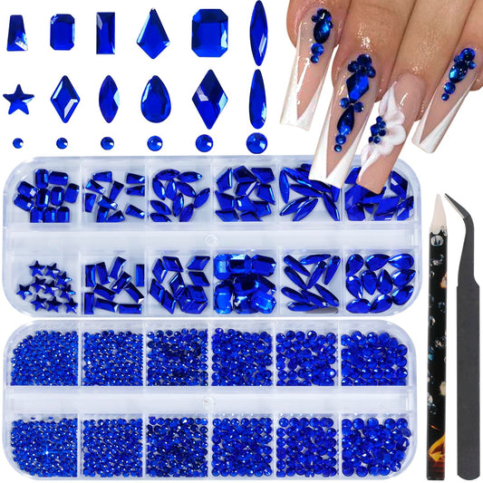 HNUIX Nail Rhinestones - 3D Multi Shape Size, Blue Nail Gems, Flat Back, with Kit, for Nail Art, DIY Decorations-Velvo Beauty