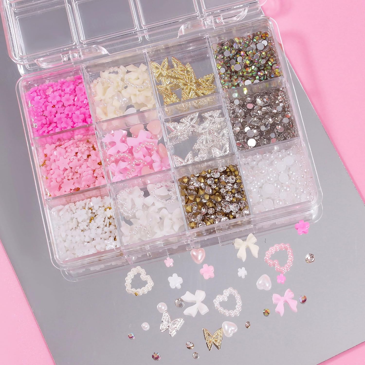 Artdone Nail Art Studs Kit, 12 grids 8 Colors 3D Charms and Pink Mix White Flower Heart Diamond Butterfly Cute Nail Jewels for DIY Decoration with Pickup Tools-Velvo Beauty