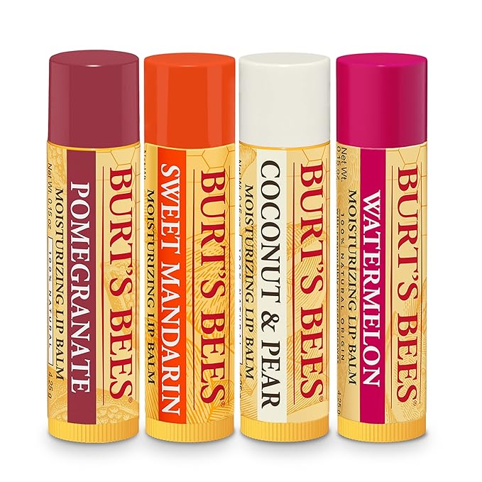 Burt’s Bees Holiday Gift, 4 Lip Balm Stocking Stuffer Products, Beeswax Fruit Set - Pomegranate, Sweet Mandarin, Coconut and Pear & Watermelon (Old Version)-Velvo Beauty