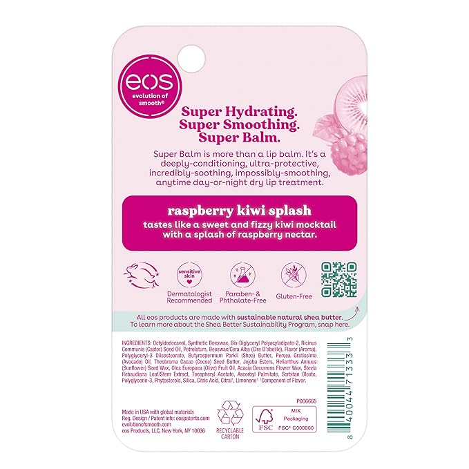 eos 24H Moisture Super Balm- Raspberry Kiwi Splash, Lip Mask, Day or Night Lip Treatment, Made for Sensitive Skin, 0.35 fl oz-Velvo Beauty