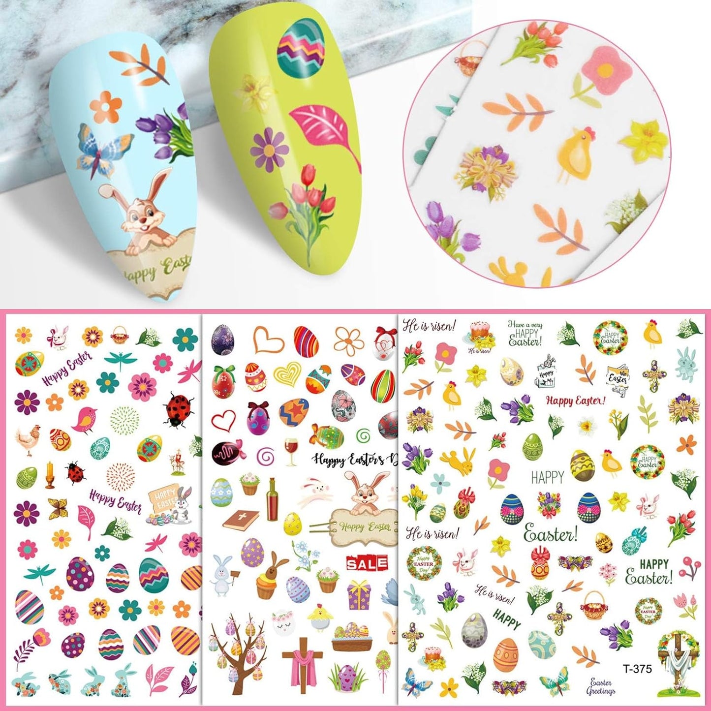 Kalolary 8 Sheet Easter Nail Art Stickers Self Adhesive Easter Nail Stickers DIY Nail Decals Bunny Eggs Chick Rabbits Flower Nail Design Sticker Nail Decoration for Women Girls Kids-Velvo Beauty