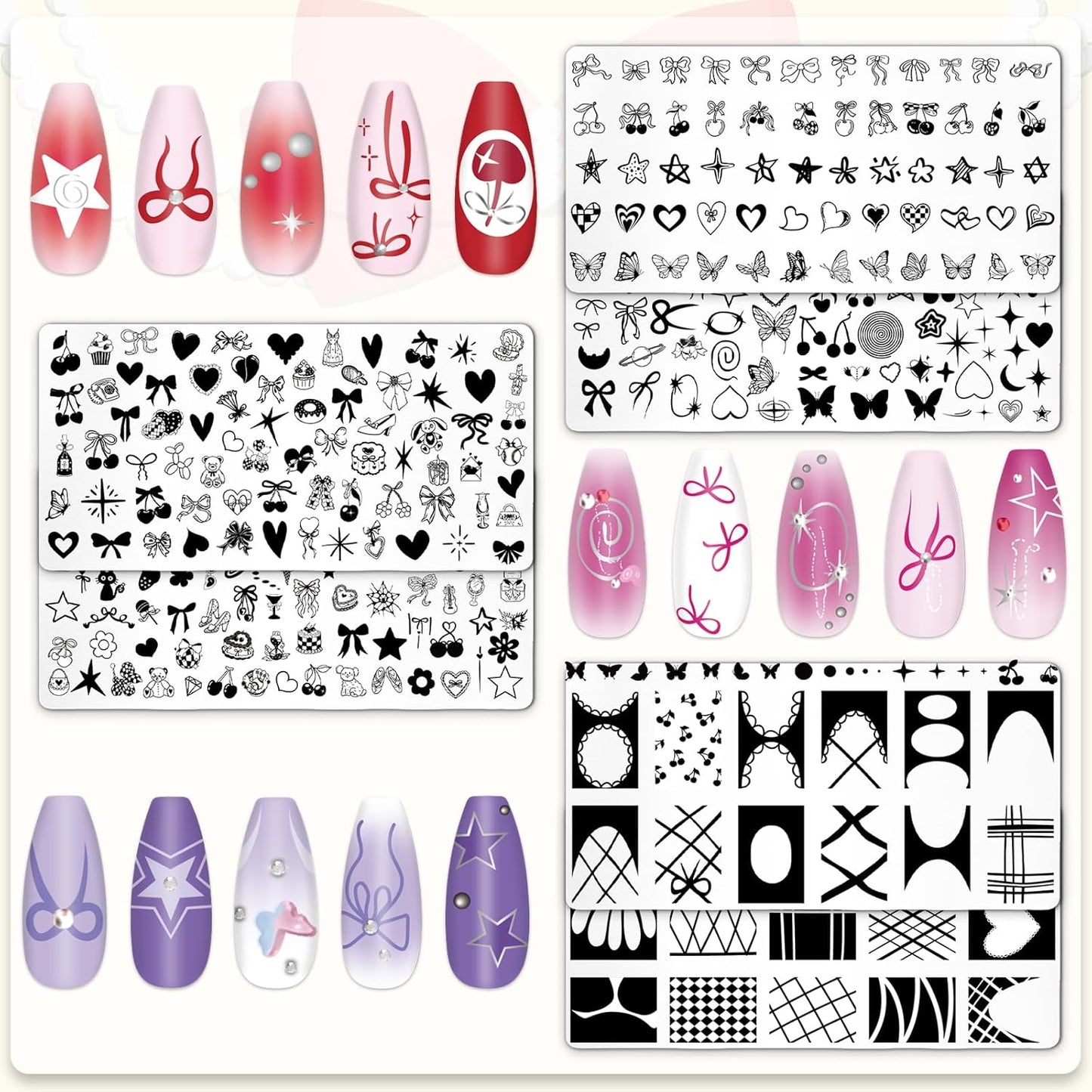 Whaline 6Pcs Coquette Nail Plates Stamping Set Bow Cherry Heart Stamp Templates Nail Art Plates for DIY Print Manicure Salon Design-Velvo Beauty