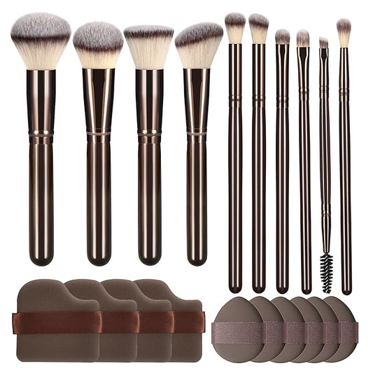 10 Piece Black brown Makeup Brushes and 10 Piece Makeup Sponge – Wooden Handle,with Soft Synthetic Bristles,|Professional Makeup Brushes set for Women & Girls|-Velvo Beauty