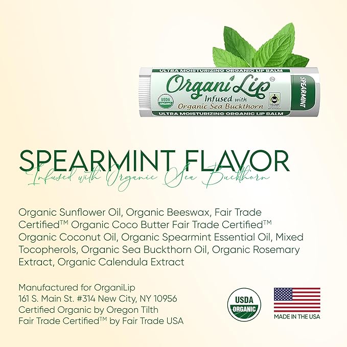 Organic Lip Balm, Spearmint Flavor, Ultra Hydrating Lip Moisturizer for Dry Lips, Oval Shaped Tube, USDA Certified Organic, 3 Pack - OrganiLip-Velvo Beauty