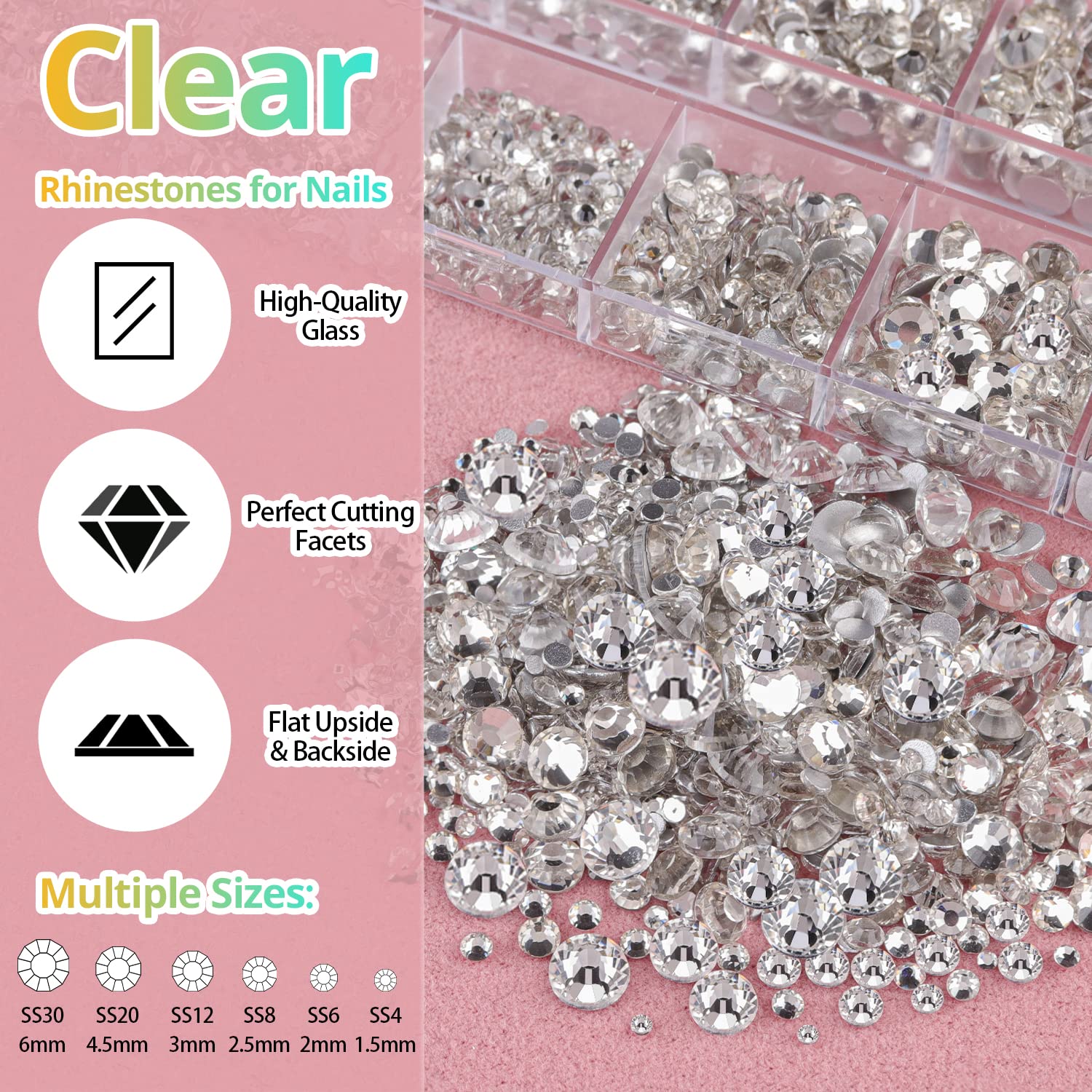 1.5-6mm Round Flatback Face Gems Kit (Clear) for Makeup with Quick Dry Glue + Brush + Tweezer, Nail Art Rhinestones Transparent White Glass Crystal Beads for Make-up Deco-Velvo Beauty