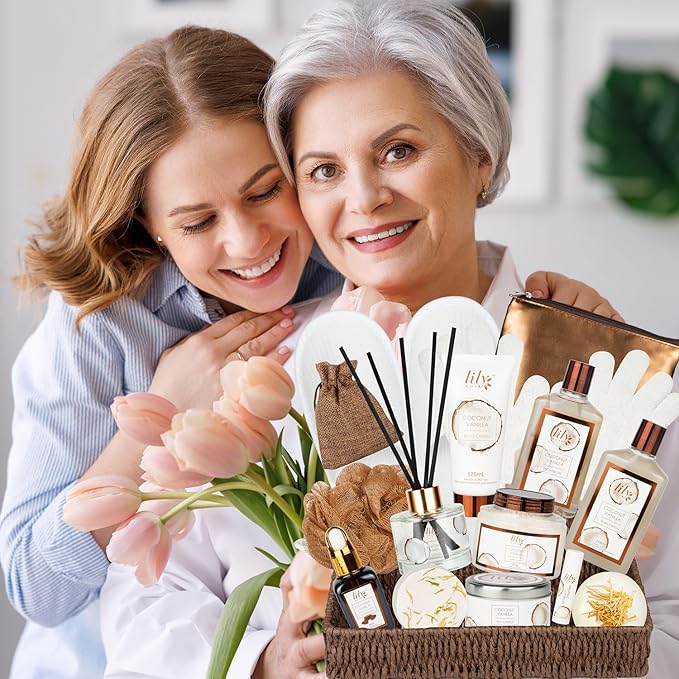 Bath and Body Gift Basket Set for Women - Coconut Vanilla Spa Gift Basket for Women 17-Piece Luxury Bath Gift Set with Shower Gel Self Care Pampering Gifts for Mothers Day, Christmas, Birthday Gifts-Velvo Beauty