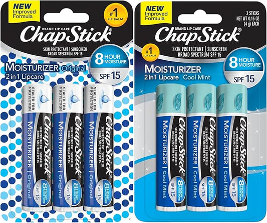 ChapStick Moisturizer 2-in-1 Lipcare 6-Pack (3 Original, 3 Cool Mint) – 8-Hour Lip Balm with Broad Spectrum SPF, Aloe & Vitamin E, 0.15 Ea-Velvo Beauty