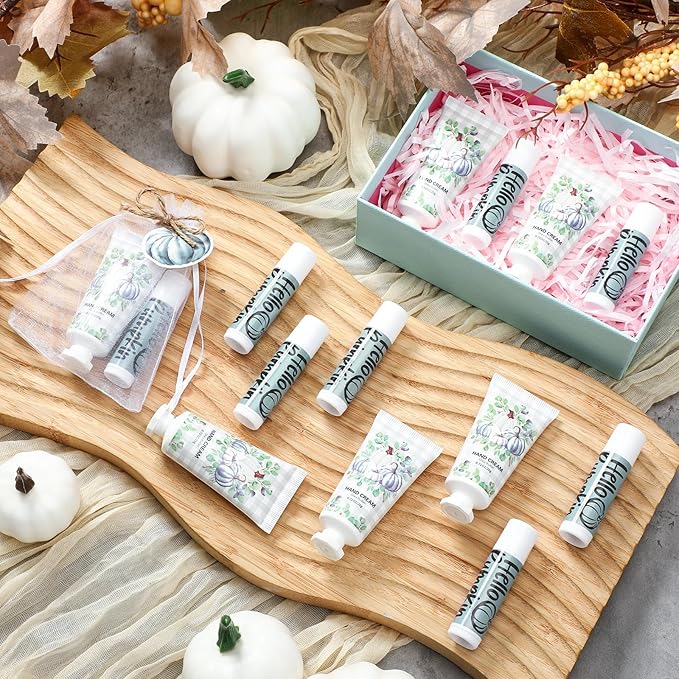 144 Pcs Fall Lip Balm Hand Cream Set Party Favors, Include 36 Blue Pumpkin Lip Balm 36 Moisturizing Hand Cream 36 Bags 36 Cards and Ropes for Autumn Accessories Gifts-Velvo Beauty