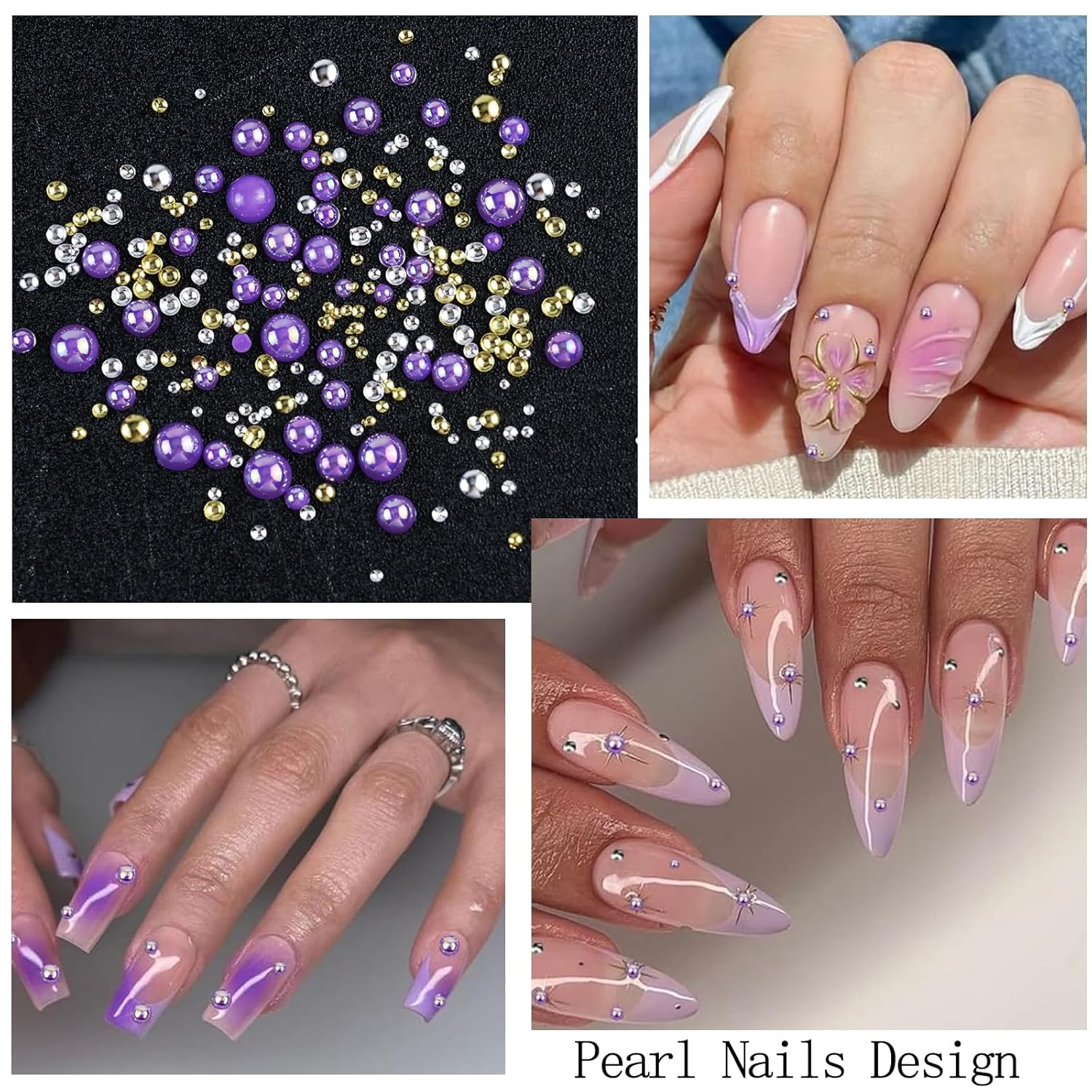 Nail Art Charms with Rhinestones Glue Gel Purple Flatback Pearls Flower Butterfly Nail Gems Supplies Accessories Gold Silver Nails Pearls for Women Nails Design Decoration-Velvo Beauty