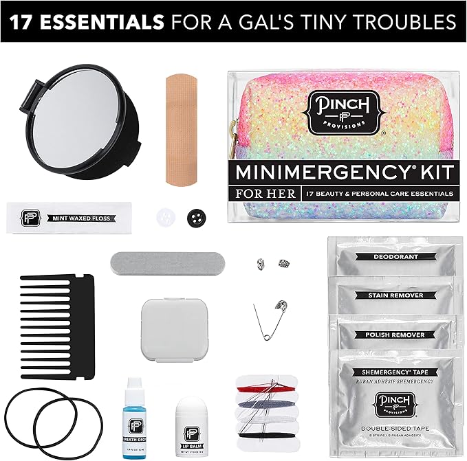 Pinch Provisions Rainbow Minimergency Kit, includes 17 Travel-Sized Cosmetic Essentials, Convenient for Purses, Emergency Beauty Accessories, Gifts for Holiday’s & Birthday’s-Velvo Beauty