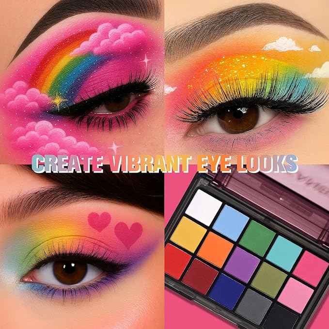 UCANBE Halloween Makeup Palette, 15 Colors Matte Black White Red Blue Green Purple Pink Eye Shadow, High Pigmented Blendable Bright & Dark Shade Pallet for Cosplay SFX Costume Stage Parties-Velvo Beauty