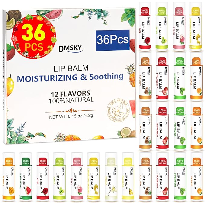 DMSKY 36 Pack Lip Balm, Natural Lip Balm Bulk with Vitamin E and Coconut Oil, Moisturizing Soothing Chapped Lips, Gifts for Women Stocking Stuffers Party Favors-Velvo Beauty