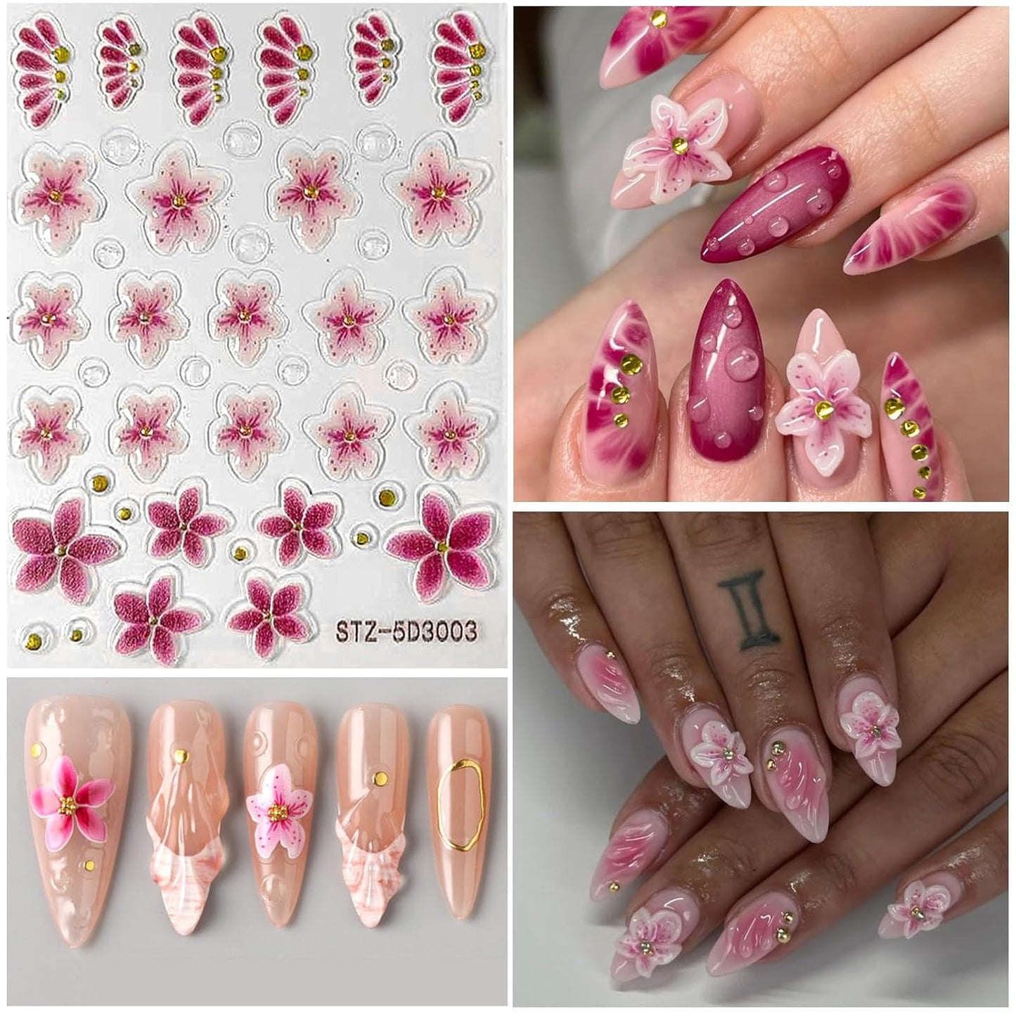 Flower Nail Art Stickers 5D Embossed Nail Decals Spring Summer Colorful Flower Nails Design Self-Adhesive 3D Accessories for Women Nails DIY Decoration(6 Sheets)-Velvo Beauty