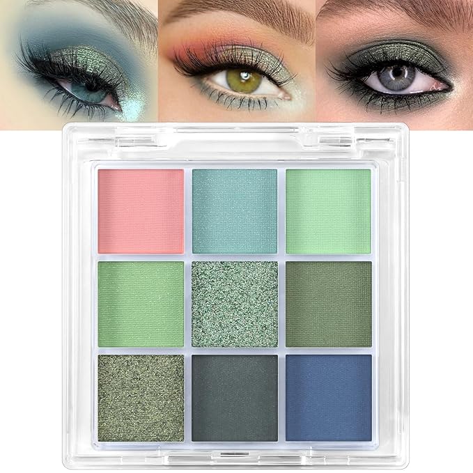 Erinde 9 Colors Eyeshadow Palette, Matte Shimmer Glitter Eye Shadow Palette Makeup, Highly Pigmented Long Lasting Waterproof, Natural Neutral Nude Eyeshadow Make Up Pallet, Blue Green-Velvo Beauty