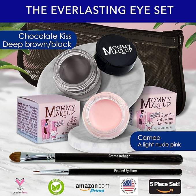 The Everlasting Eye 5 Piece Waterproof Makeup Set. Gel Eyeliner, Creme Eyeshadow, 2 brushes and Mesh Bag. Paraben-free, Talc-free, Cruelty-free. Cameo/Chocolate Kiss 2302-Velvo Beauty