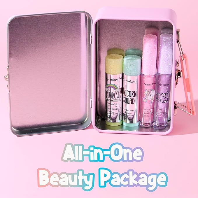 Expressions - 5pc Cosmetics Lip Kit For Kids w/Lip Glosses, Lip Balms & Tin Box Storage Case,I Believe in Unicorns Hologrpahic,Washable + Non Toxic-Velvo Beauty