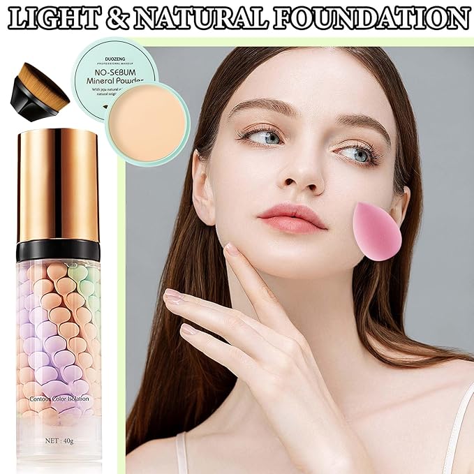 One Step Color Corrector,Natural Isolation Cream,Face Primer Makeup Tricolor Moisturizer,Correcting Primer Concealer Foundation,Setting Powder,Makeup Brushes,Makeup Sponges（4PCS)-Velvo Beauty