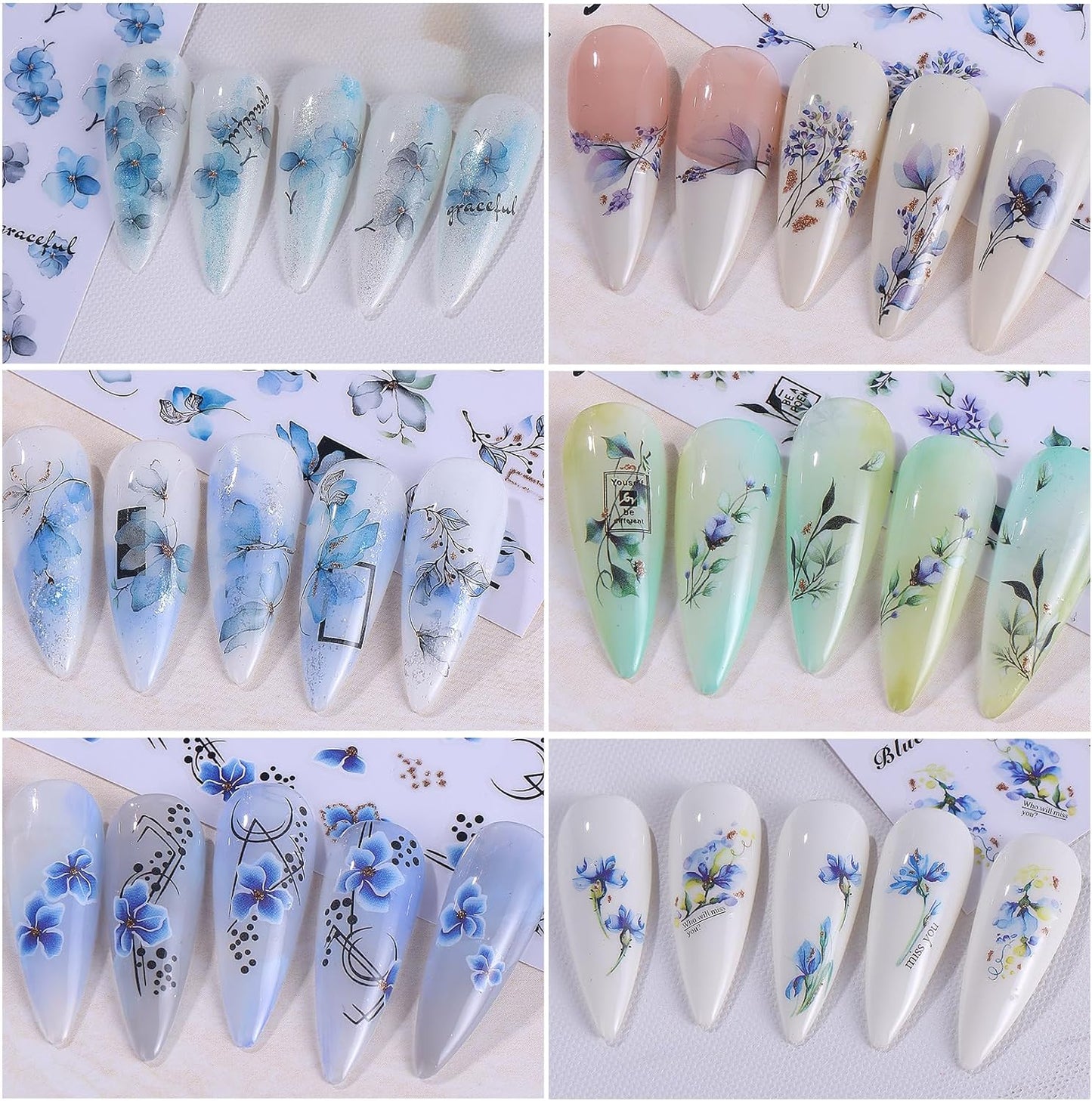 Ink Flower Nail Art Stickers 12 Sheets 3D Self-Adhesive Nail Decals with Tweezers Watercolor Floral Leaves Stickers Charming Blossom Flowers Designs Nail Art Supplies Manicure Accessories for Women-Velvo Beauty