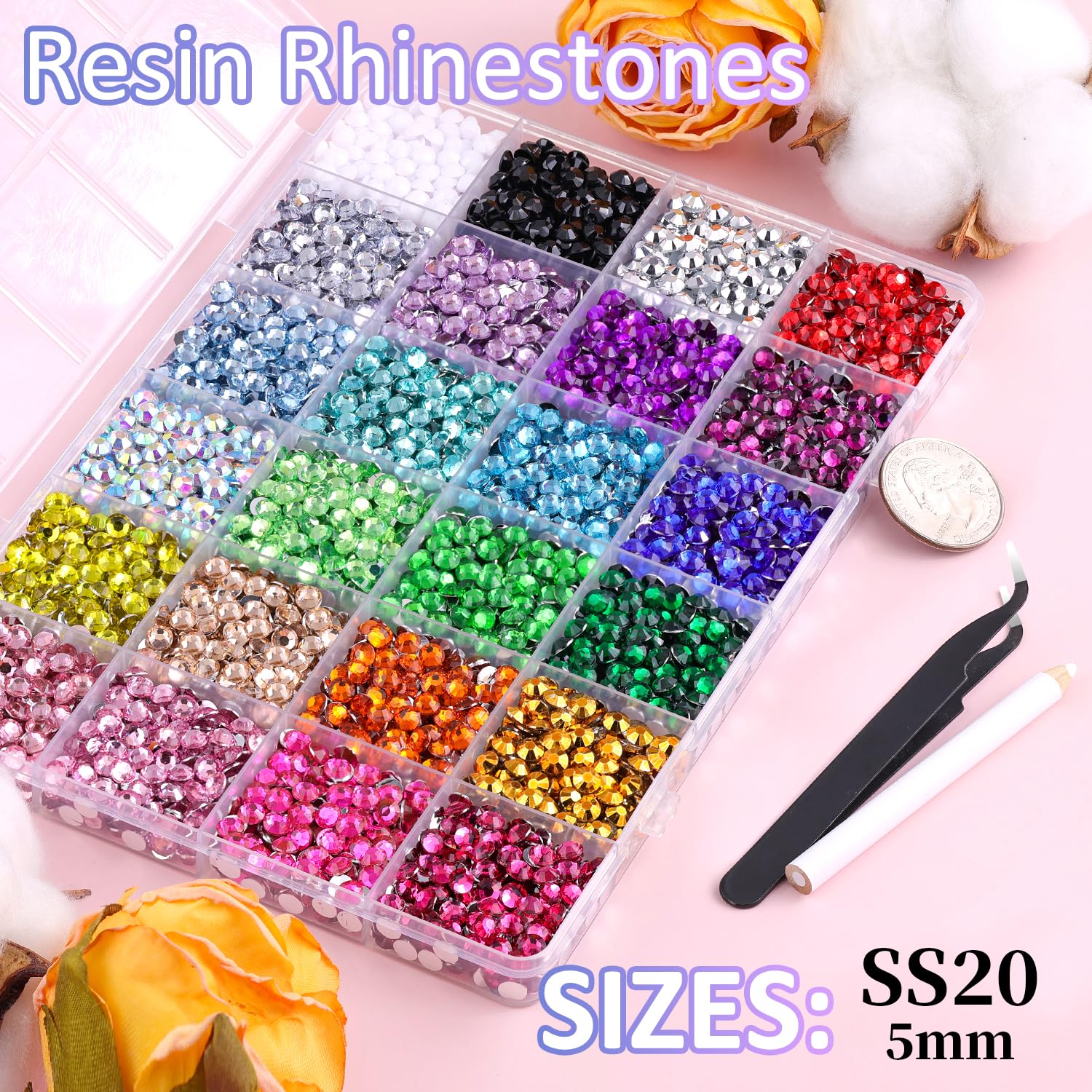 6600Pcs Resin Rhinestones for Crafting with Tweezers, Multicolor 5mm Bedazzling Crystal with 3Pcs 10ml B7000 Jewelry Glue for DIY Crafts Clothing Tumblers Shoes Fabric Nail Art-Velvo Beauty