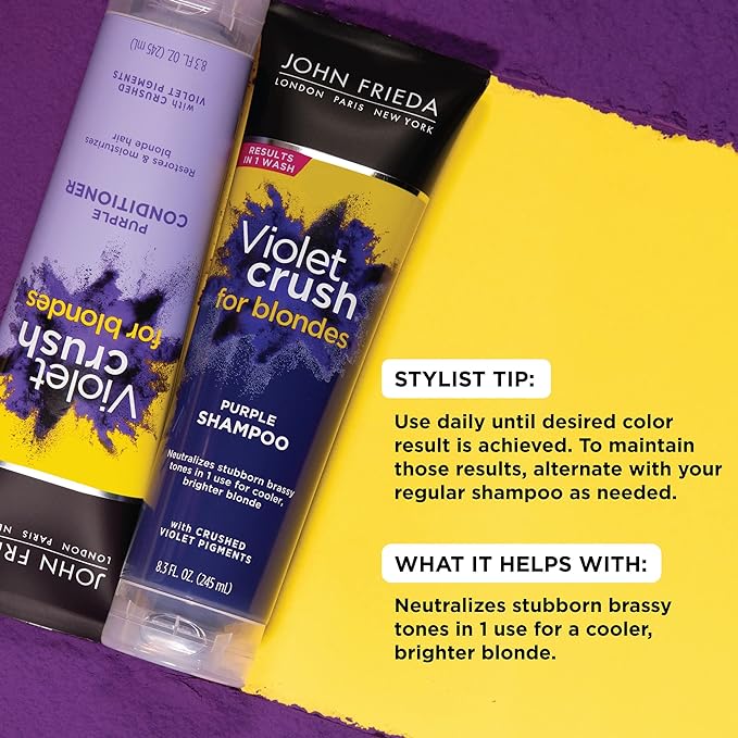 John Frieda Violet Crush Purple Shampoo and Conditioner Set for Blonde Hair, Neutralizes Yellow Tones for Bleached, Blonde, and Platinum Hair, 8.3 Oz, Pack of 2-Velvo Beauty