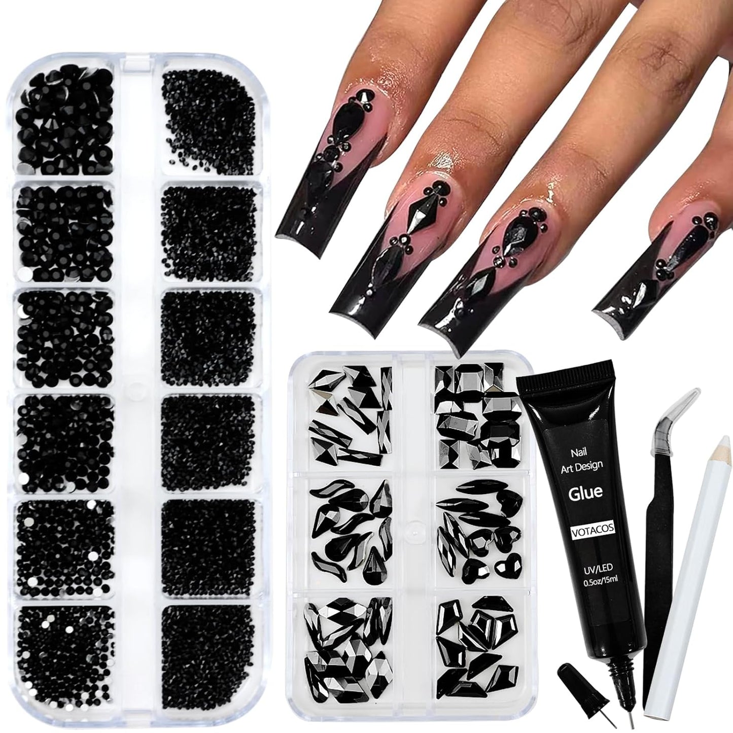 Nail Art Rhinestones with Glue Gel Flatback Nail Charms Luxurious Supplies Accessories Champagne Nails Gems Jewelry for Women Nails DIY Design Decoration,Black-Velvo Beauty