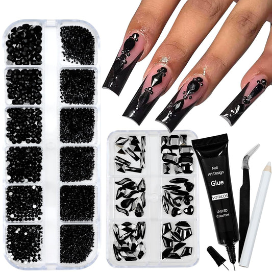 Nail Art Rhinestones with Glue Gel Flatback Nail Charms Luxurious Supplies Accessories Champagne Nails Gems Jewelry for Women Nails DIY Design Decoration,Black-Velvo Beauty