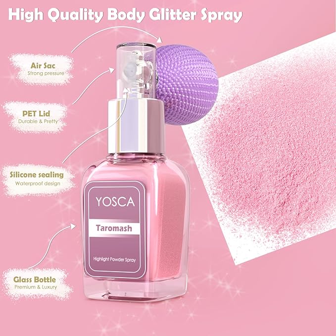 Yosca Highlighter Powder Spray, 20ML Cosmetic Grade Shimmer Powder Pink Glitter Spray Sparkle Highlighter Makeup Festival Concert Accessorise for Rave Clothes Hair Face Nail Art - Taromash-Velvo Beauty
