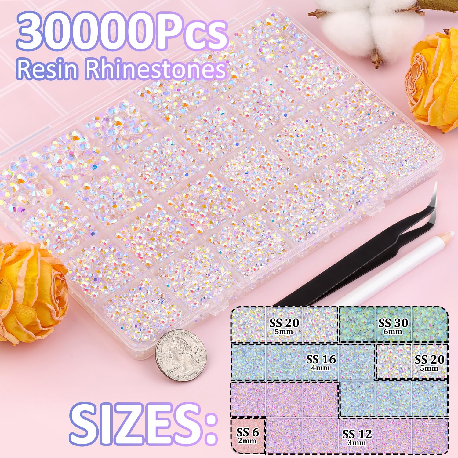 30000Pcs Transparent AB Rhinestones for Bedazzling with B7000 Jewelry Glue, Bedazzler Kit Flatback Gems, Resin Rhinestones for Crafting Crafts Clothing Shoes Fabric Nail Art Assorted Size 2/3/4/5/6mm-Velvo Beauty
